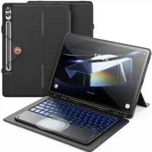 INFILAND Keyboard Case for Samsung Galaxy Tab S9/S9 FE 12.4" with Trackpad, 7-Color Backlight, S Pen Holder – Detachable Slim Cover – Black